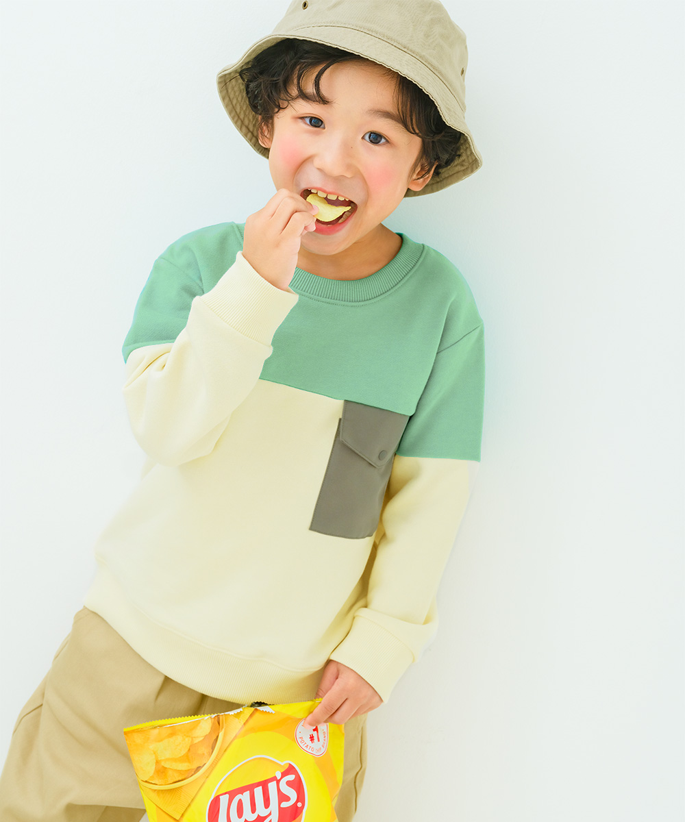 子供服 男の子 子ども服 こども服 キッズ ジュニア バイカラー 切り替え ポケットつき 裏毛 グリーン(08) モデル画像1