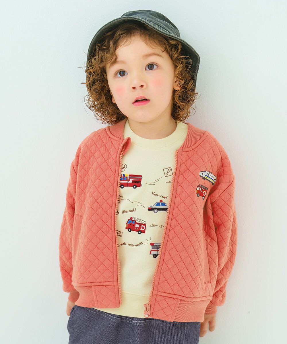 ベビー服 男の子 はたらく車ワッペン キルトニットジャケット オレンジ(07) モデル画像アップ