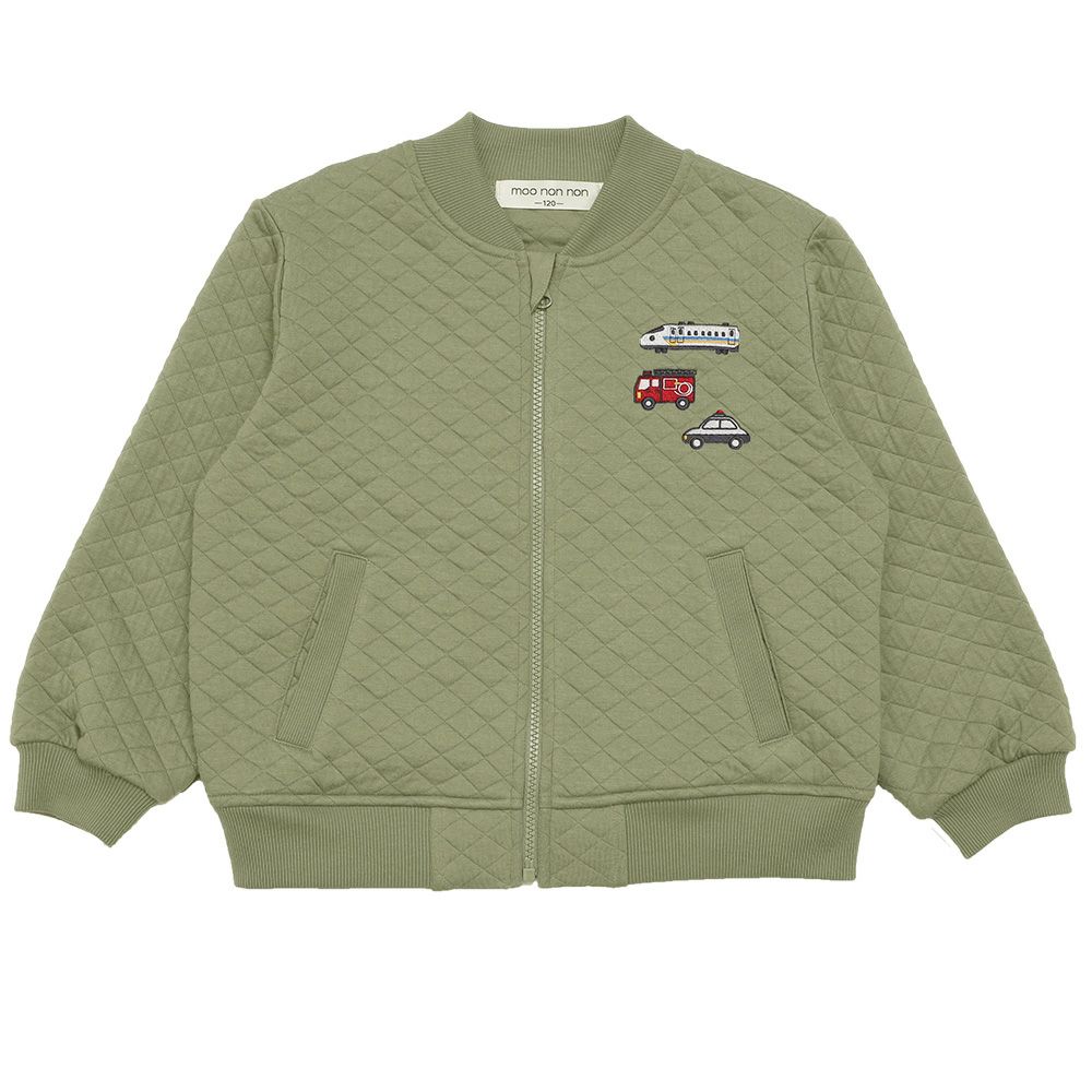 ベビー服 男の子 はたらく車ワッペン キルトニットジャケット カーキ(82) 正面