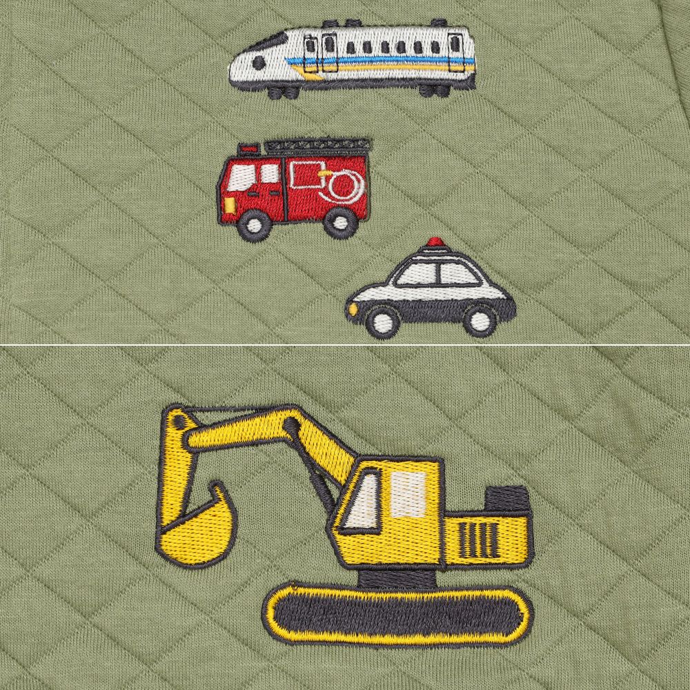 ベビー服 男の子 はたらく車ワッペン キルトニットジャケット カーキ(82) デザインポイント1