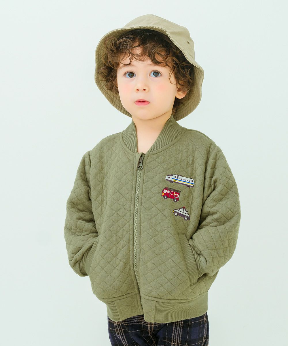 ベビー服 男の子 はたらく車ワッペン キルトニットジャケット カーキ(82) モデル画像アップ