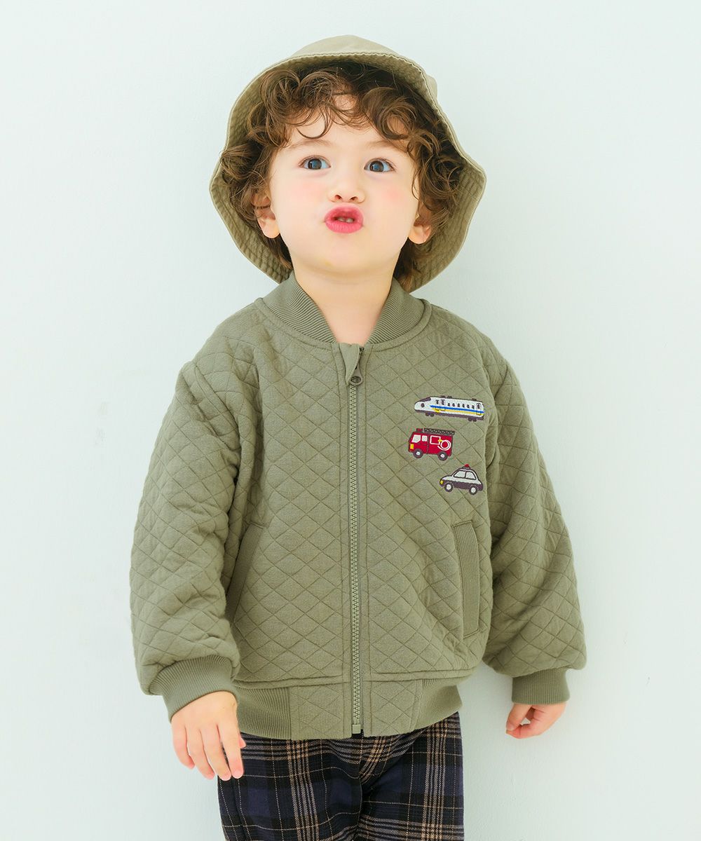 ベビー服 男の子 はたらく車ワッペン キルトニットジャケット カーキ(82) モデル画像1