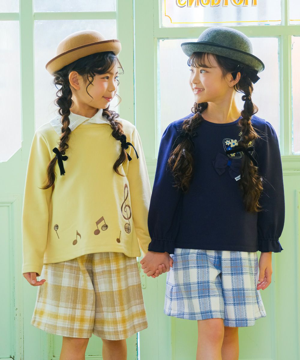 子供服 女の子 チェック柄 裏地付き 厚手 キュロットパンツ イエロー(04) モデル画像3