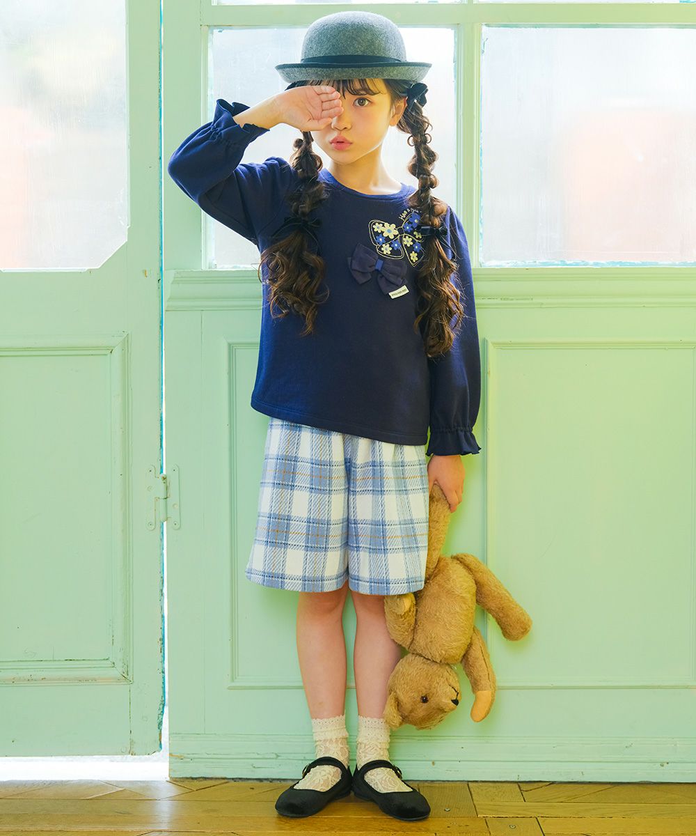 子供服 女の子 チェック柄 裏地付き 厚手 キュロットパンツ ブルー(61) モデル画像アップ