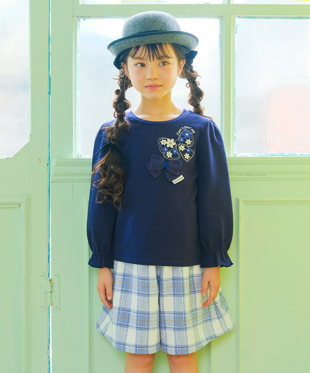 子供服 女の子 チェック柄 裏地付き 厚手 キュロットパンツ ブルー(61) モデル画像全身