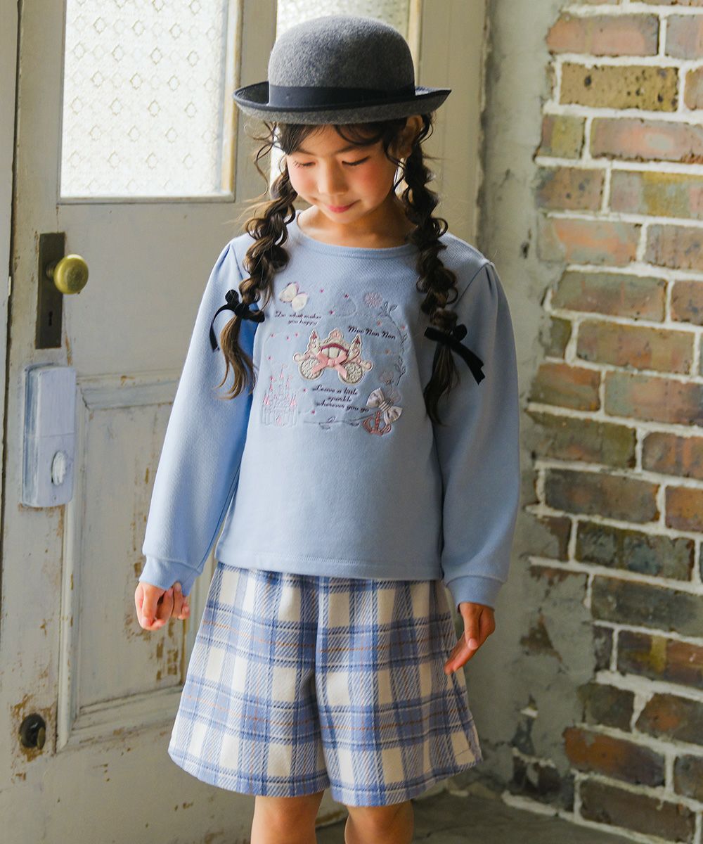 子供服 女の子 チェック柄 裏地付き 厚手 キュロットパンツ ブルー(61) モデル画像4