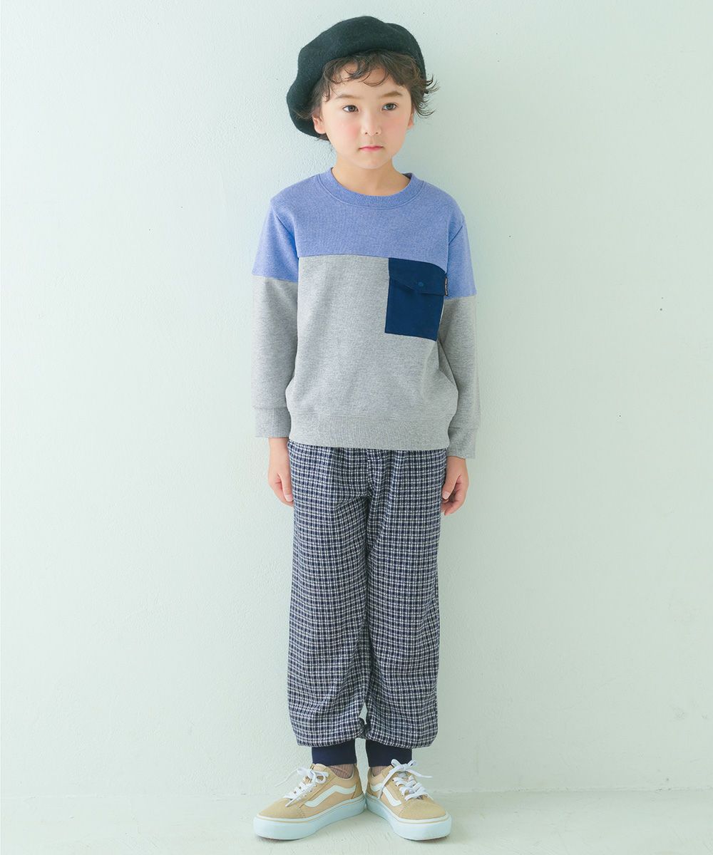 ベビー服 男の子 子ども服 こども キッズ ジャガードニット ストレッチ チェック柄 フルレングス ジョガーパンツ ネイビー(06) モデル画像全身