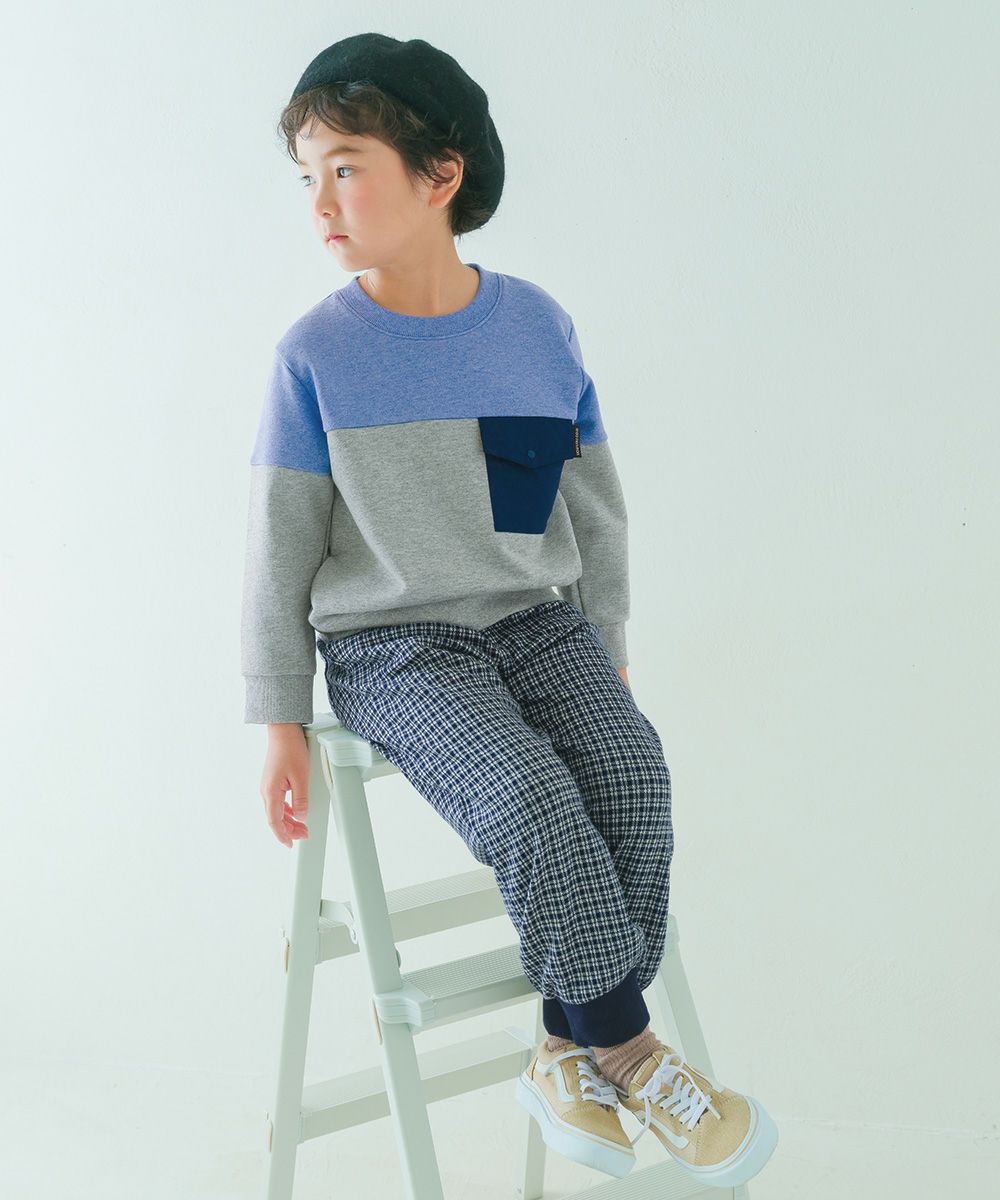 ベビー服 男の子 子ども服 こども キッズ ジャガードニット ストレッチ チェック柄 フルレングス ジョガーパンツ ネイビー(06) モデル画像2
