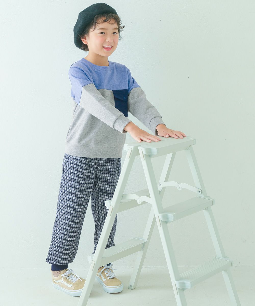 ベビー服 男の子 子ども服 こども キッズ ジャガードニット ストレッチ チェック柄 フルレングス ジョガーパンツ ネイビー(06) モデル画像3