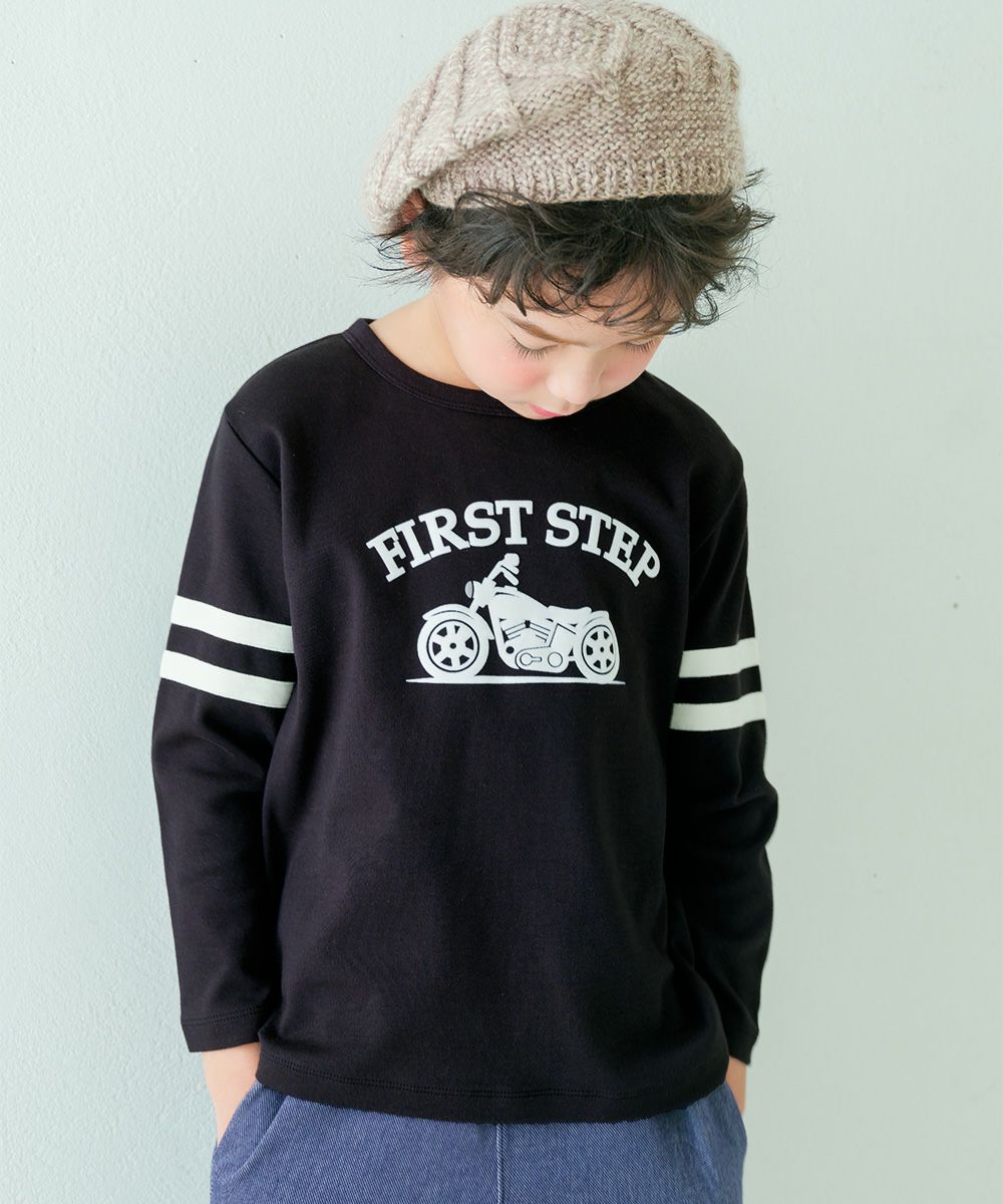 子供服 男の子 子ども服 こども服 キッズ ジュニア 綿100％ ロンT 長そで バイク ロゴ フロッキー プリント ブラック(00) モデル画像アップ