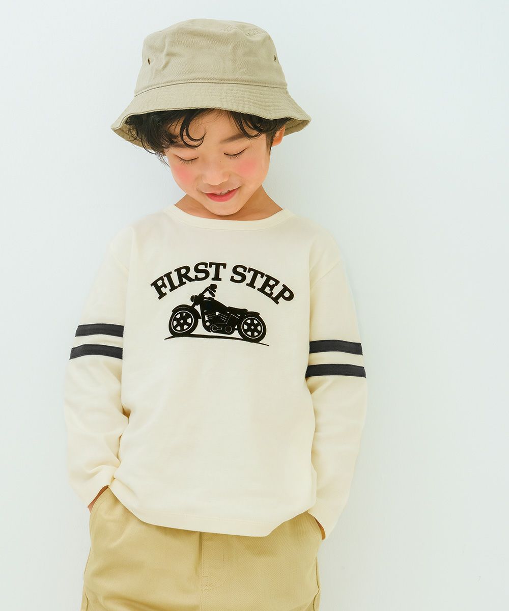 子供服 男の子 子ども服 こども服 キッズ ジュニア 綿100％ ロンT 長そで バイク ロゴ フロッキー プリント オフホワイト(11) モデル画像アップ