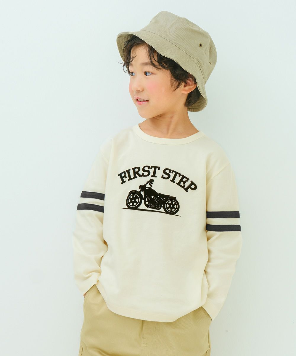 子供服 男の子 子ども服 こども服 キッズ ジュニア 綿100％ ロンT 長そで バイク ロゴ フロッキー プリント オフホワイト(11) モデル画像1