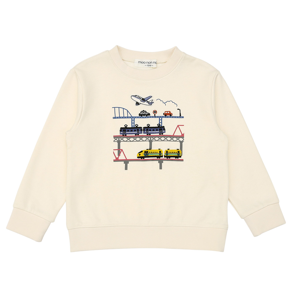 ベビー服 男の子 電車 飛行機 乗り物ワッペン 車刺繍 裏毛トレーナー アイボリー(12) 正面