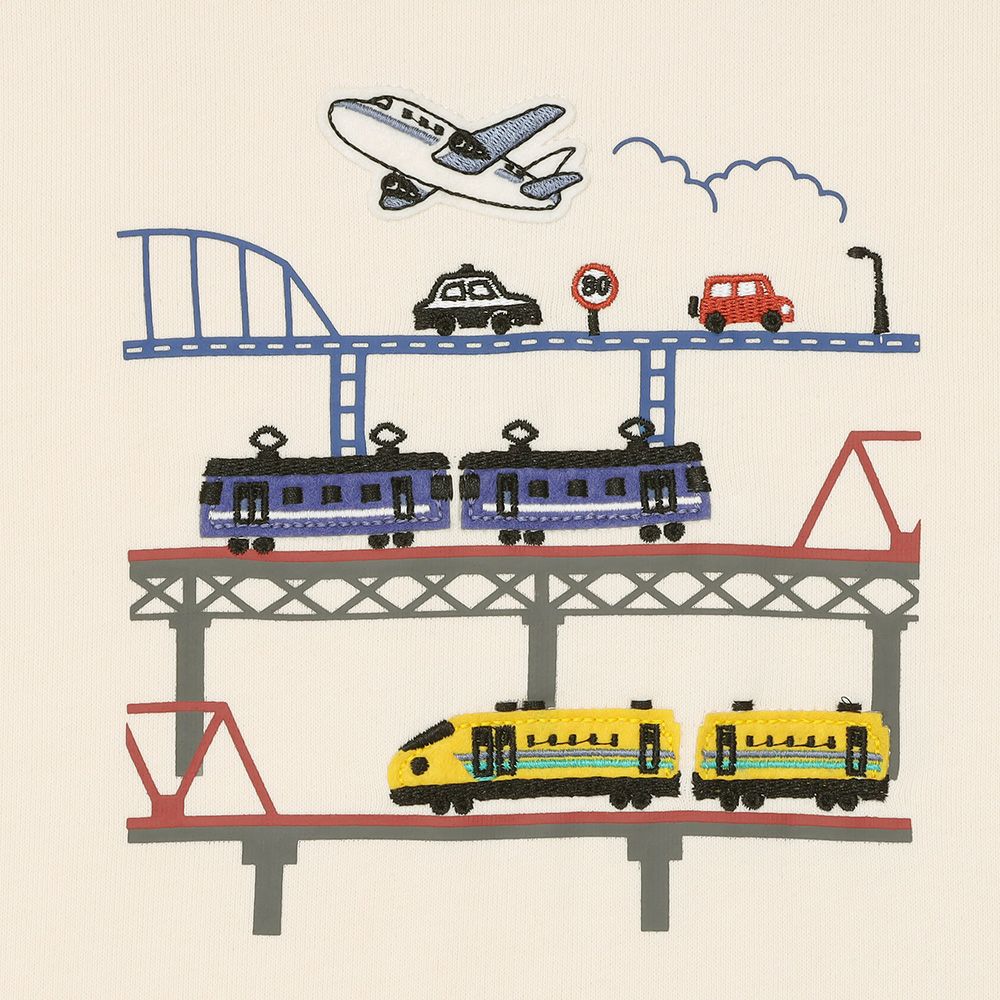 ベビー服 男の子 電車 飛行機 乗り物ワッペン 車刺繍 裏毛トレーナー アイボリー(12) デザインポイント1