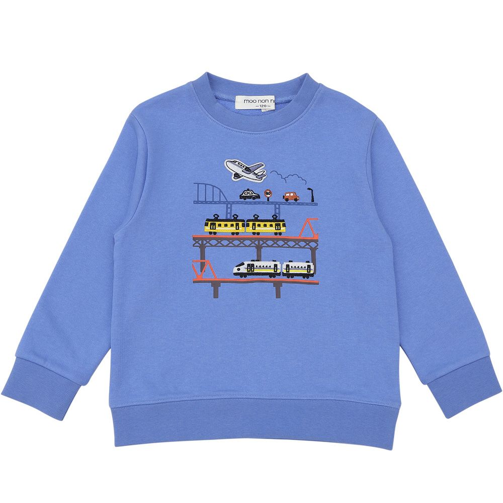 ベビー服 男の子 電車 飛行機 乗り物ワッペン 車刺繍 裏毛トレーナー ブルー(61) 正面