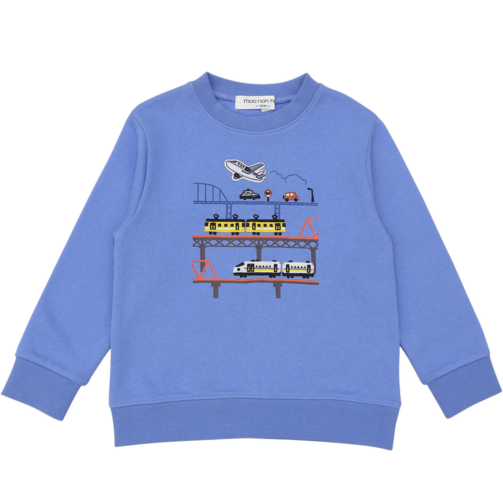 ベビー服 男の子 電車 飛行機 乗り物ワッペン 車刺繍 裏毛トレーナー ブルー(61) 正面