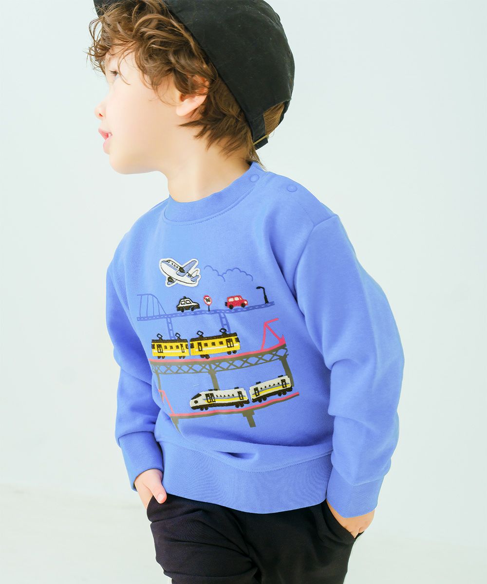 ベビー服 男の子 電車 飛行機 乗り物ワッペン 車刺繍 裏毛トレーナー ブルー(61) モデル画像アップ