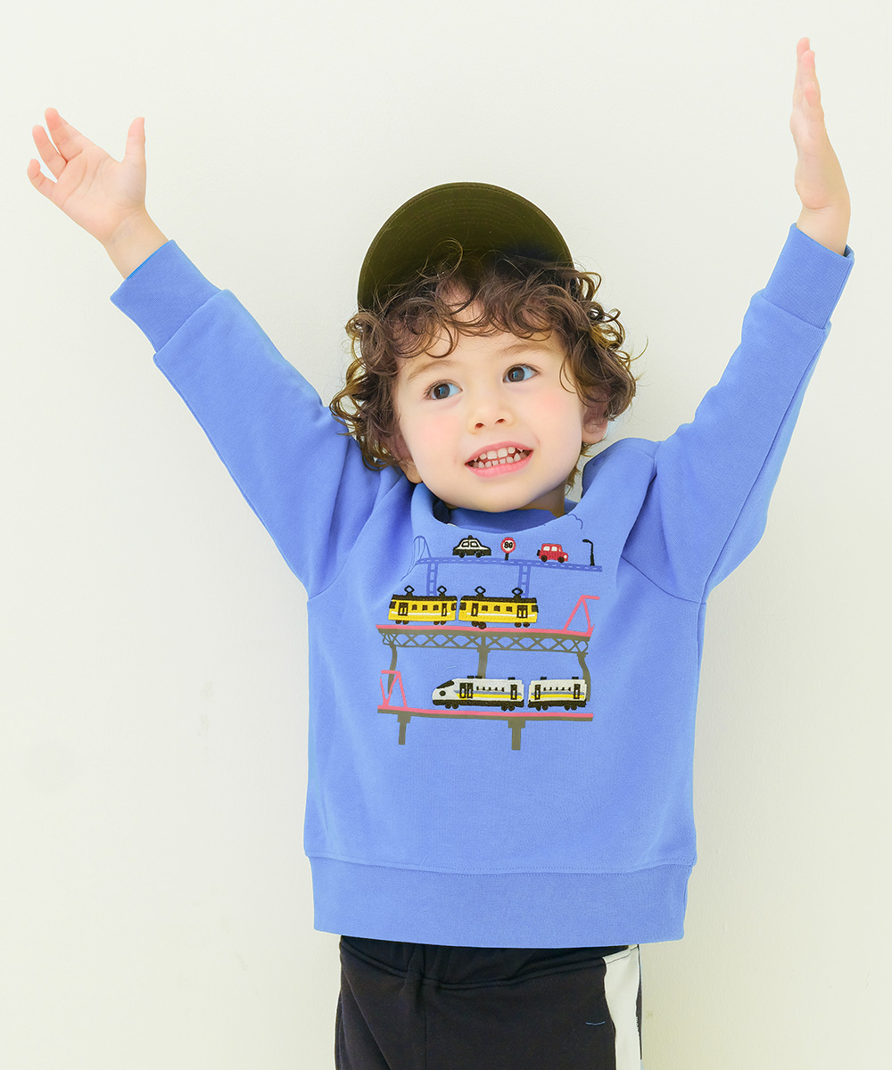 ベビー服 男の子 電車 飛行機 乗り物ワッペン 車刺繍 裏毛トレーナー ブルー(61) モデル画像2