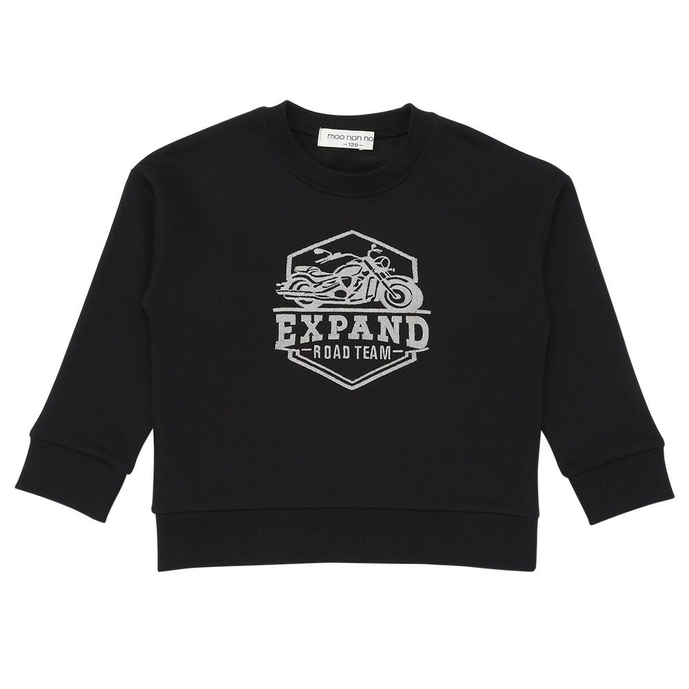 子供服 男の子 バイク ロゴ 乗り物刺繍 ドロップ袖 裏毛トレーナー ブラック(00) 正面