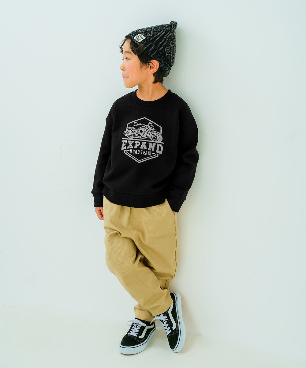 子供服 男の子 バイク ロゴ 乗り物刺繍 ドロップ袖 裏毛トレーナー ブラック(00) モデル画像アップ