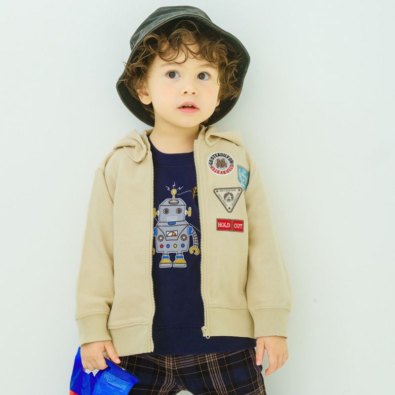 子供服 男の子 ツイルニット ロゴワッペン フード取り外し可能 ジップアップジャケット