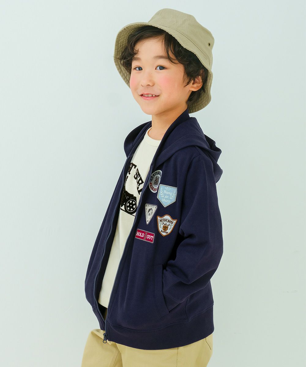 子供服 男の子 ツイルニット ロゴワッペン フード取り外し可能 ジップアップジャケット ネイビー(06) モデル画像アップ