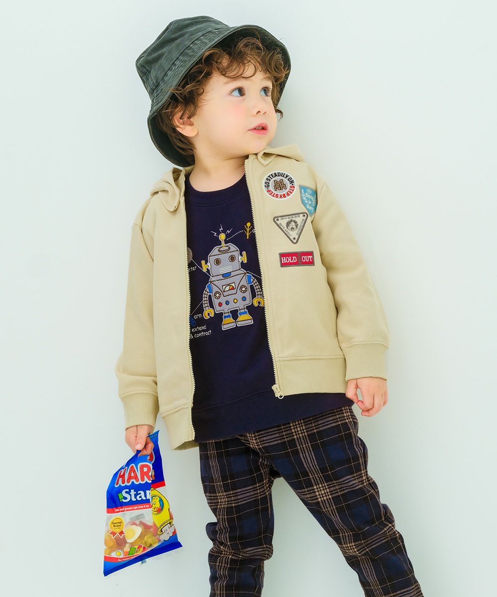 子供服 男の子 ツイルニット ロゴワッペン フード取り外し可能 ジップアップジャケット ベージュ(51) モデル画像アップ