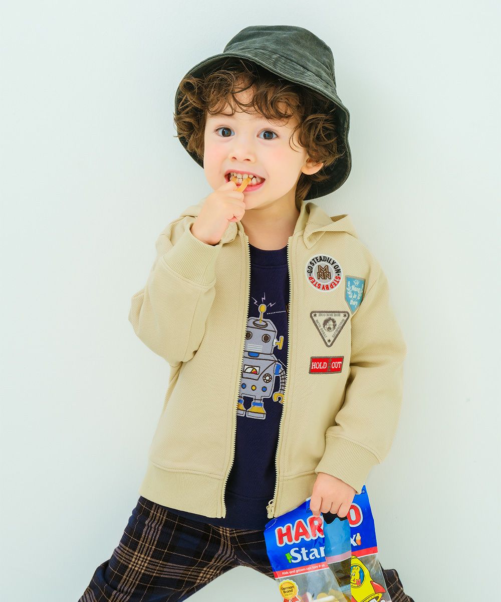 子供服 男の子 ツイルニット ロゴワッペン フード取り外し可能 ジップアップジャケット ベージュ(51) モデル画像1