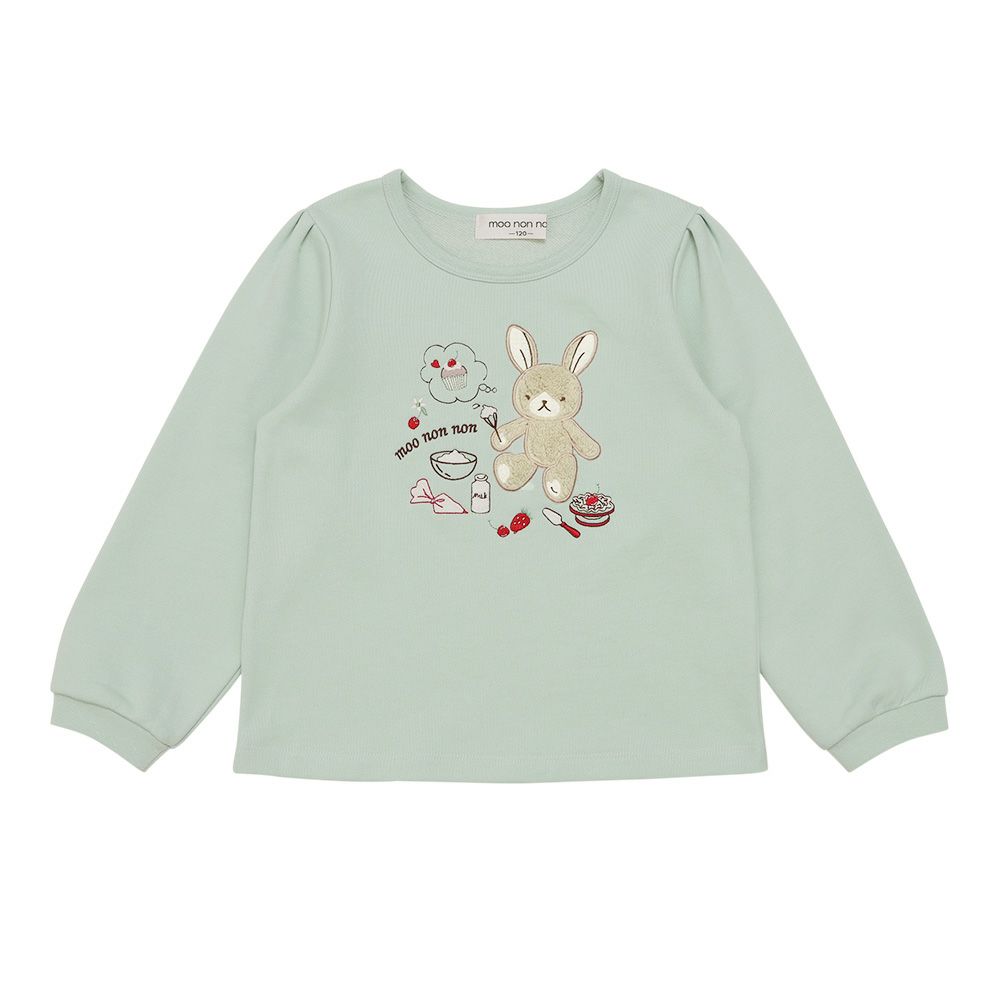 ベビー服 女の子 うさぎモチーフつきケーキ刺繍 裏毛トレーナー グリーン(08) 正面