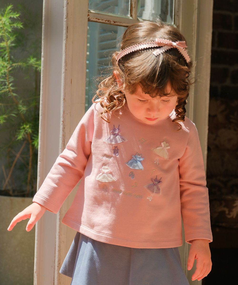 ベビー服 女の子 子ども服 キッズ ドレス ロゴ バレリーナ 刺繍 音符 リボン Aライン 裏毛 ピンク(02) モデル画像アップ