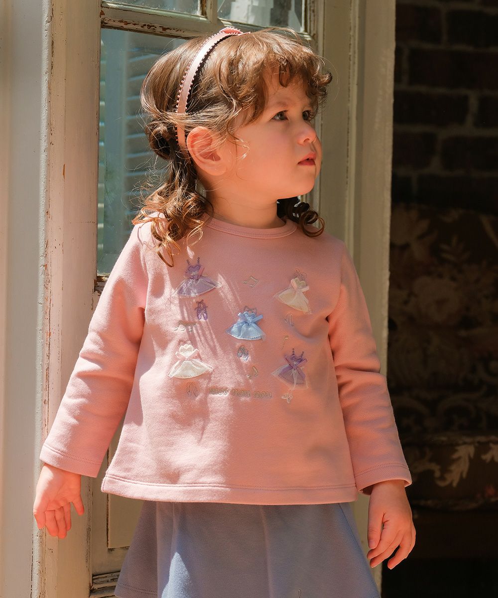 ベビー服 女の子 子ども服 キッズ ドレス ロゴ バレリーナ 刺繍 音符 リボン Aライン 裏毛 ピンク(02) モデル画像1