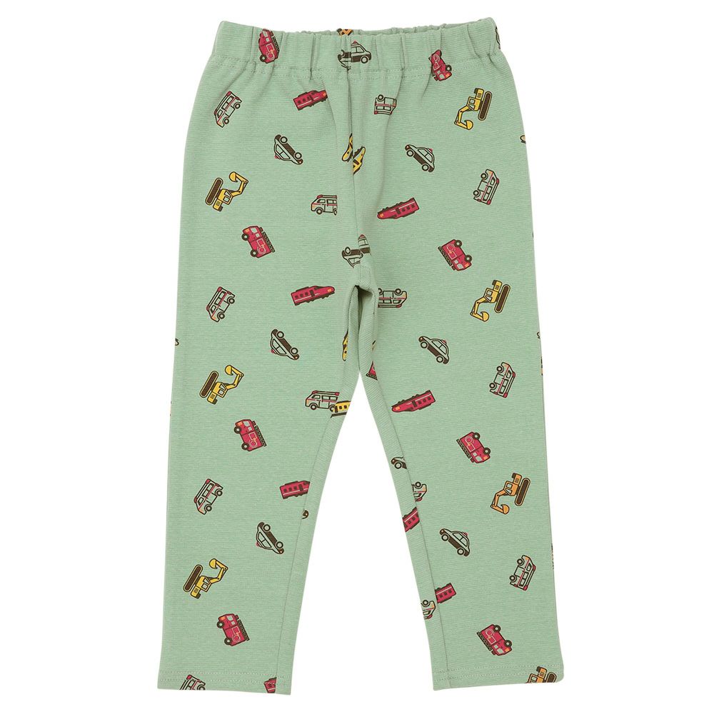 ベビー服 男の子 はたらく車 電車 乗り物プリント レギンスパンツ グリーン(08) 正面