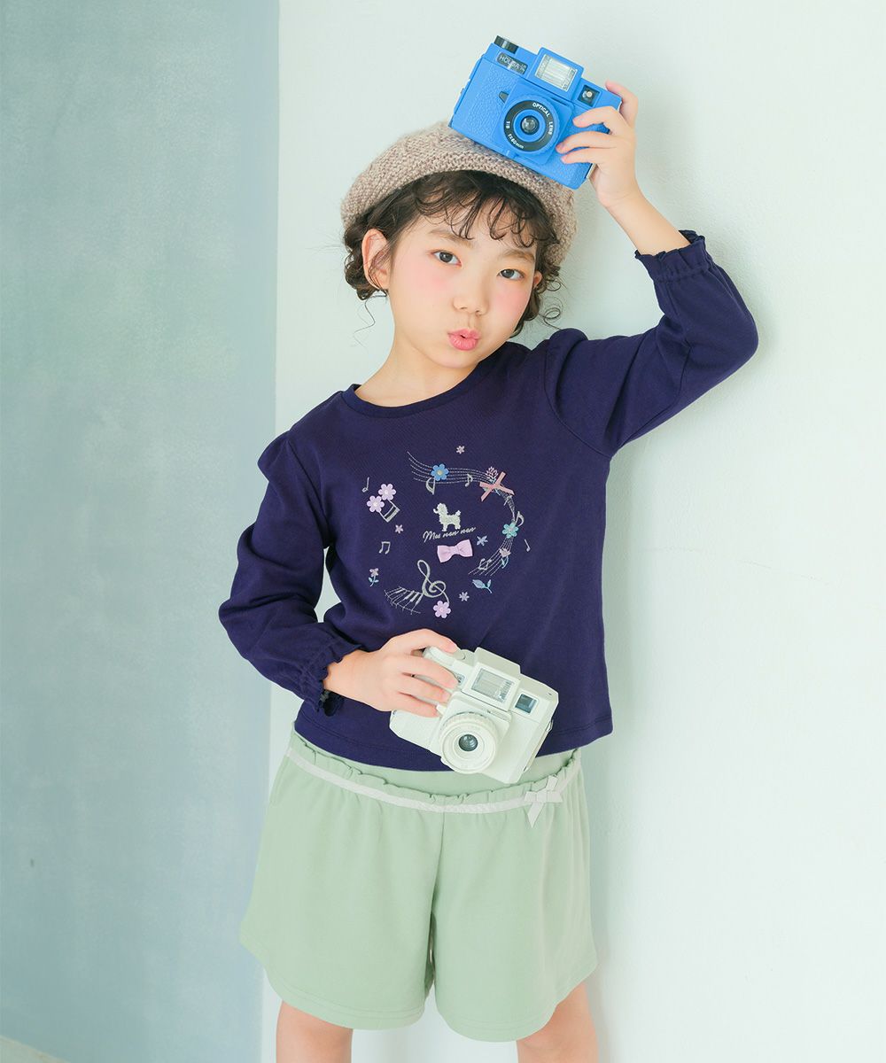 ベビー服 女の子 パウダースムース リボンつきキュロットパンツ エメラルドグリーン(81) モデル画像1