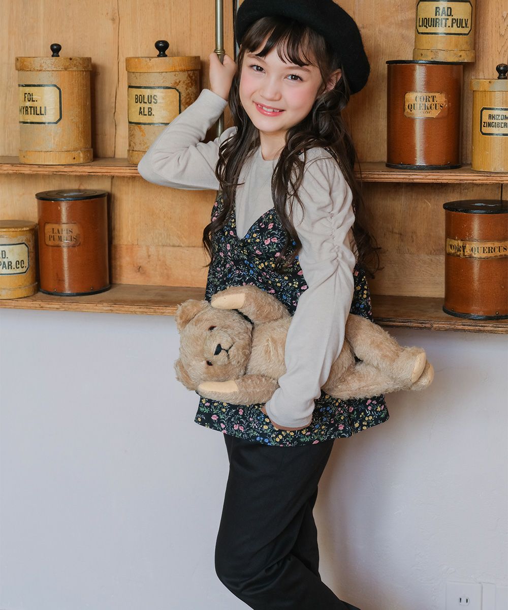 子供服 女の子 ストレッチツイル リボンロゴ刺? ロングパンツ ブラック(00) モデル画像2