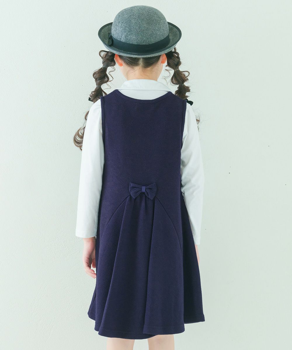 ベビー服 女の子 音符刺繍 Aライン バックリボン付きワンピース ネイビー(06) モデル画像全身