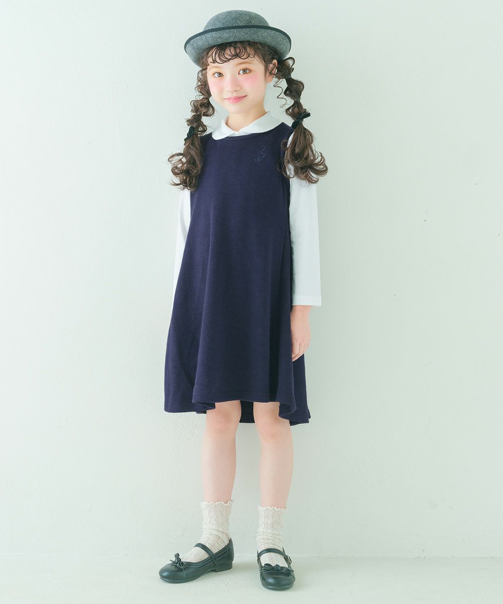 ベビー服 女の子 音符刺繍 Aライン バックリボン付きワンピース ネイビー(06) モデル画像2