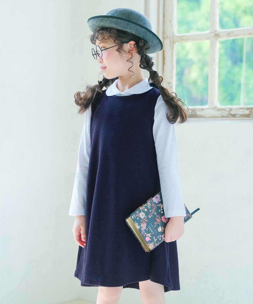 ベビー服 女の子 音符刺繍 Aライン バックリボン付きワンピース ネイビー(06) モデル画像3