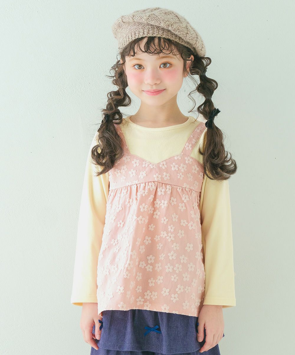 ベビー服 女の子 花柄キャミソール 重ね着風Tシャツ ピンク(02) モデル画像アップ