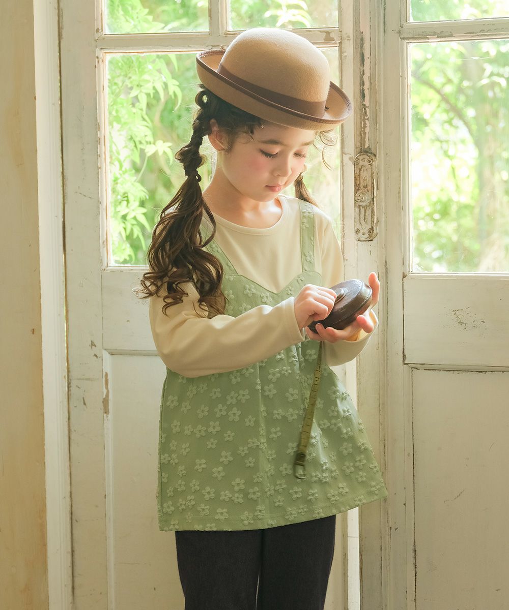 ベビー服 女の子 花柄キャミソール 重ね着風Tシャツ グリーン(08) モデル画像2