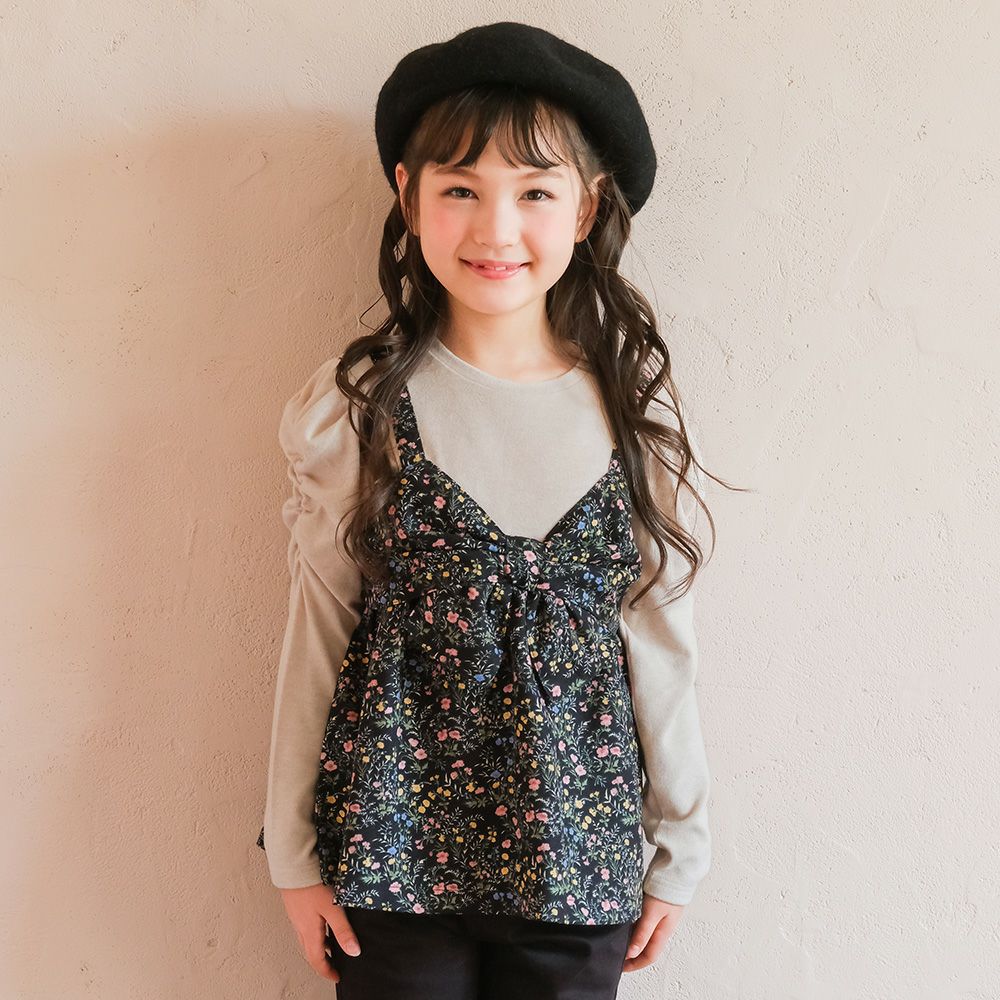ベビー服 女の子 花柄リボンキャミソール 重ね着風デザインTシャツ