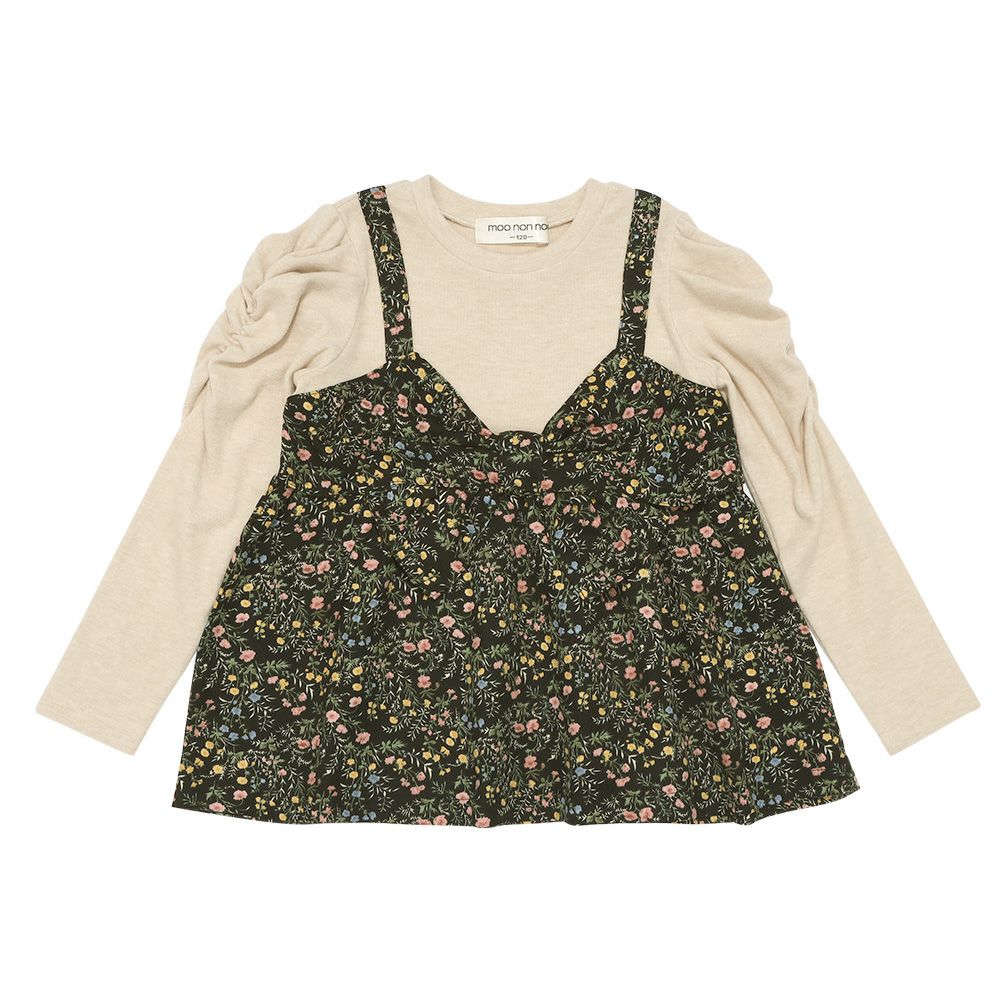 ベビー服 女の子 花柄リボンキャミソール 重ね着風デザインTシャツ ネイビー(06) 正面