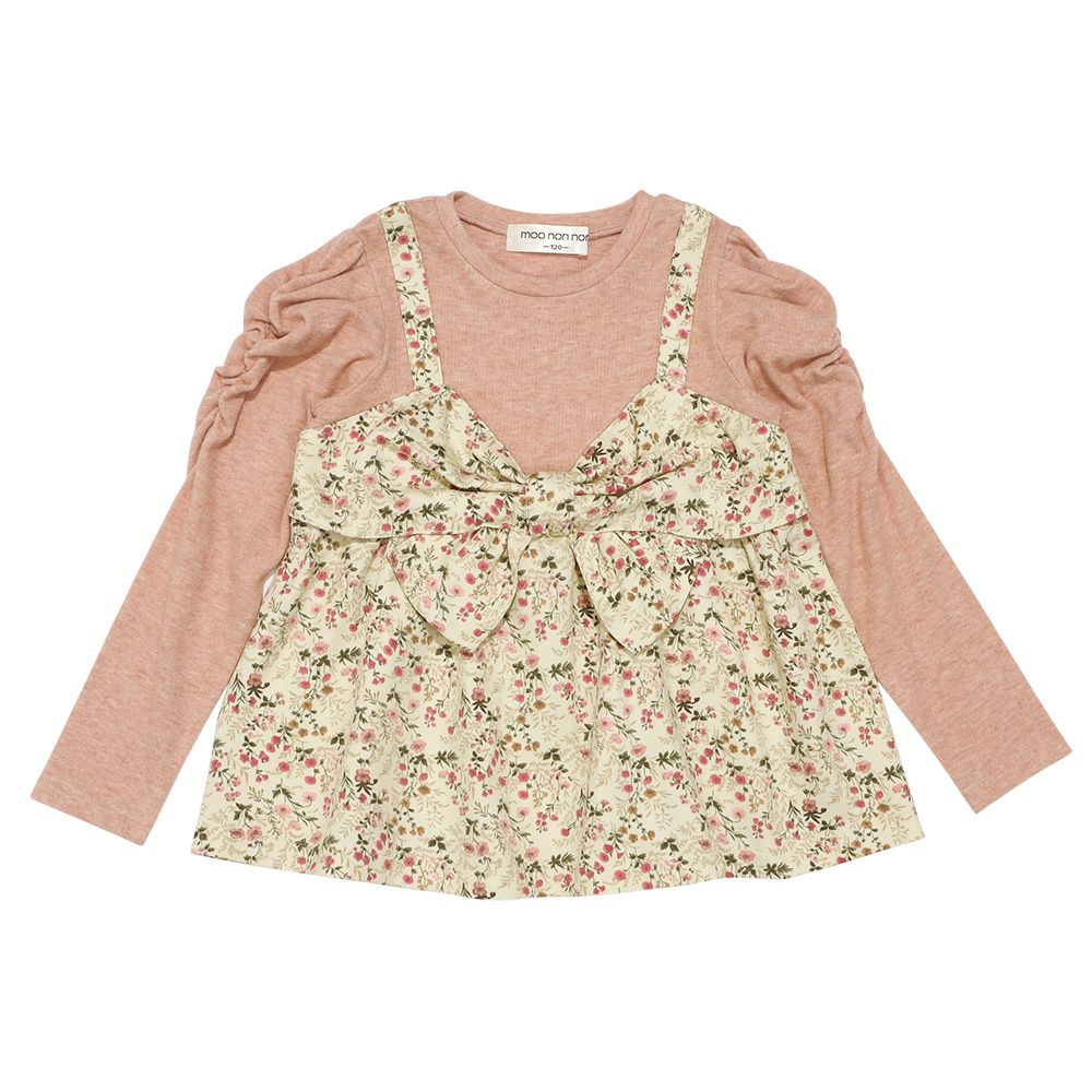ベビー服 女の子 花柄リボンキャミソール 重ね着風デザインTシャツ アイボリー(12) 正面