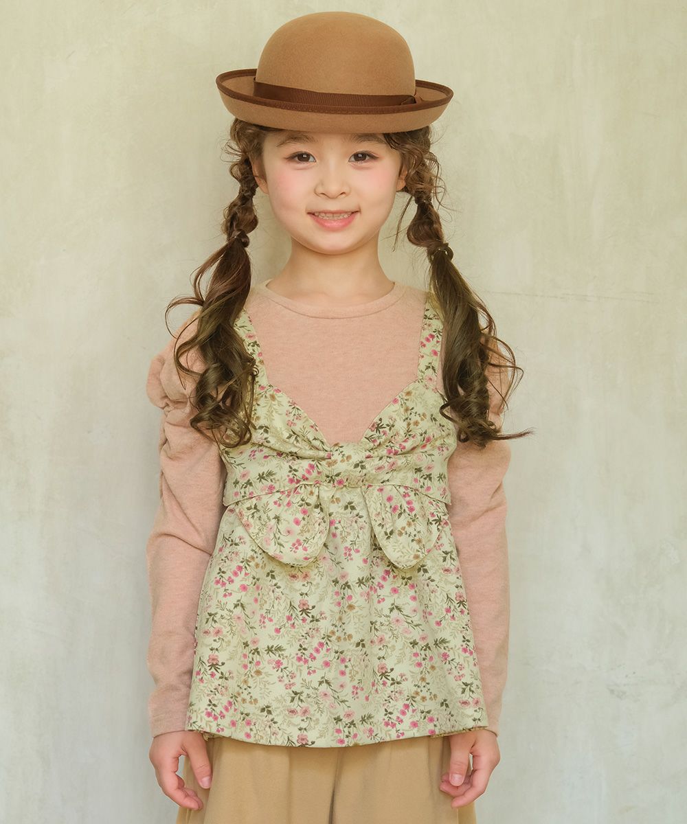 ベビー服 女の子 花柄リボンキャミソール 重ね着風デザインTシャツ アイボリー(12) モデル画像アップ