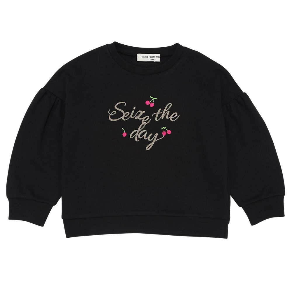 子供服 女の子 チェリー刺繍 ドロップ袖 裏毛トレーナー ブラック(00) 正面