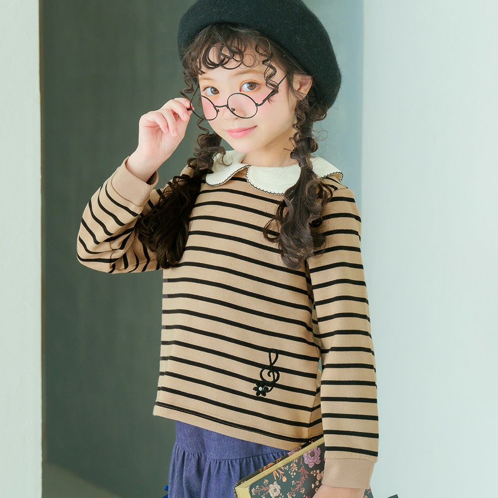 子供服 女の子 音符刺繍 襟付き ボーダー柄 裏毛トレーナー