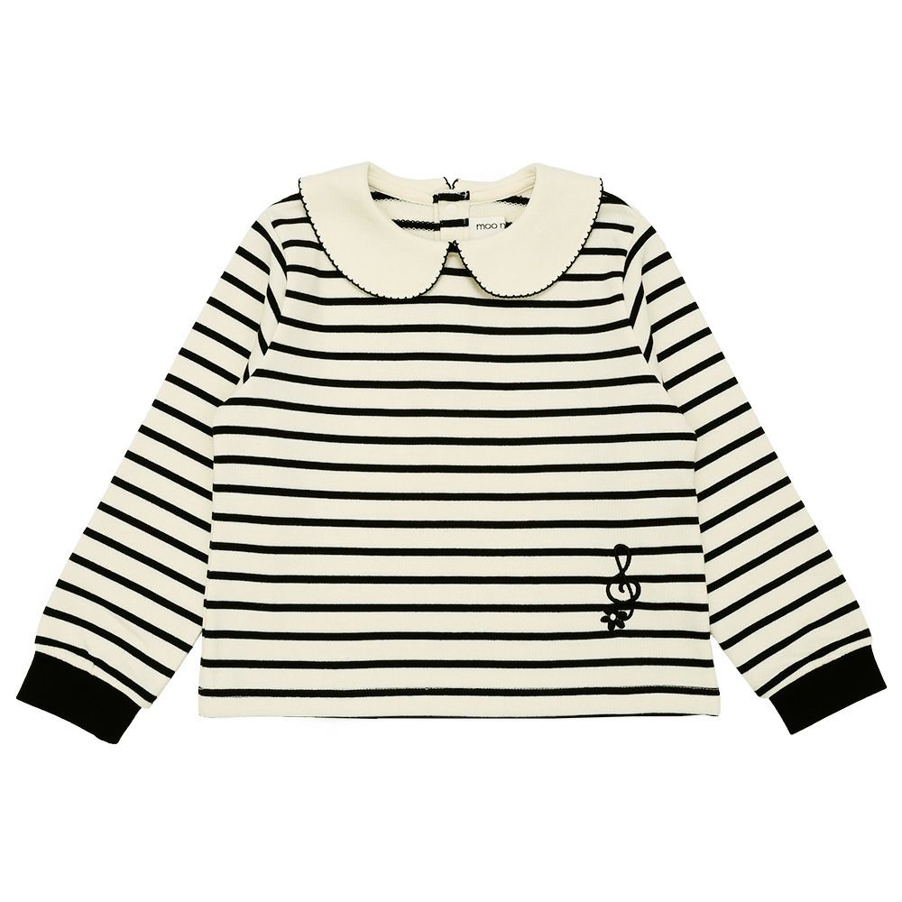 子供服 女の子 音符刺繍 襟付き ボーダー柄 裏毛トレーナー ホワイト×ブラック(10) 正面