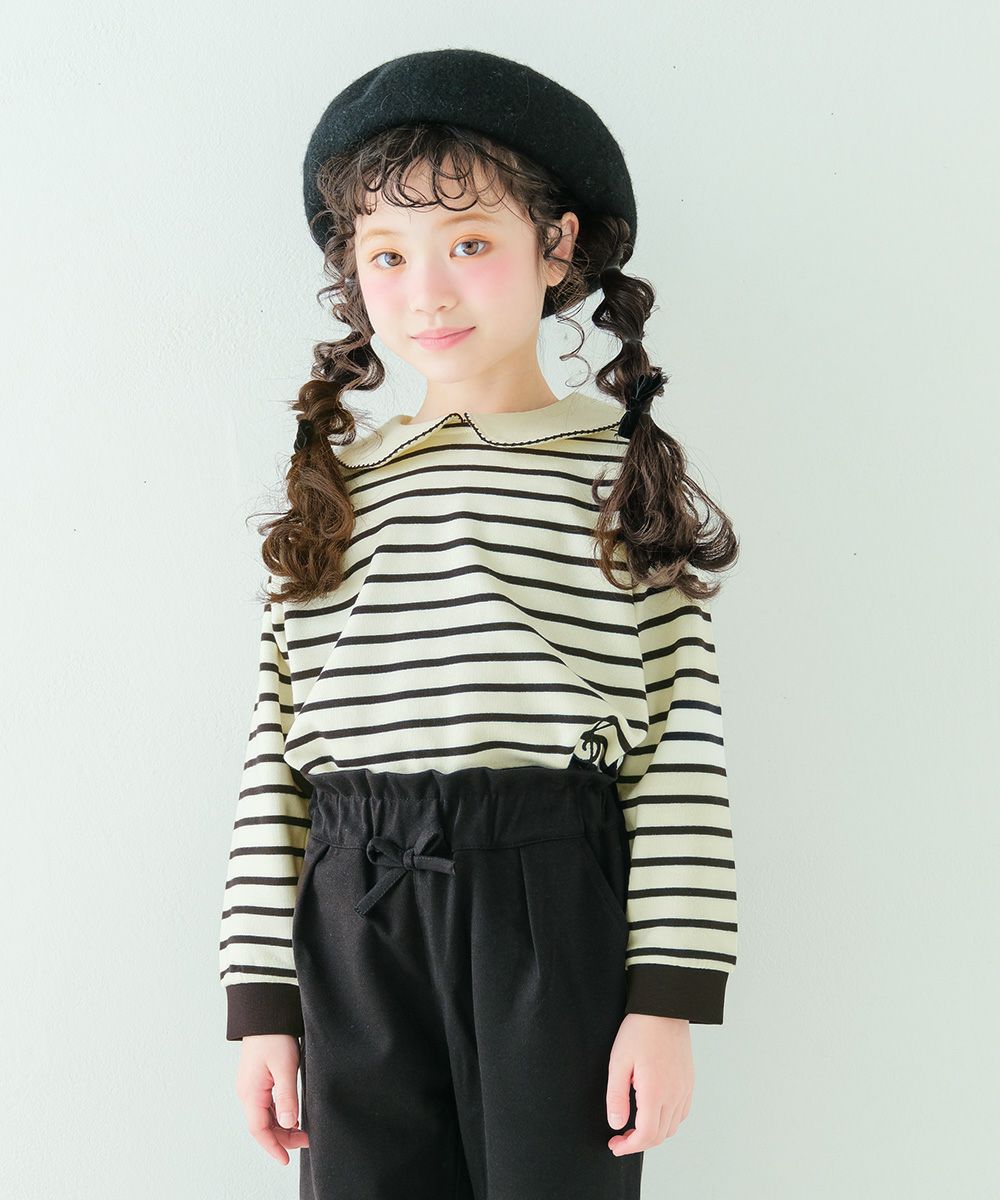 子供服 女の子 音符刺繍 襟付き ボーダー柄 裏毛トレーナー ホワイト×ブラック(10) モデル画像アップ