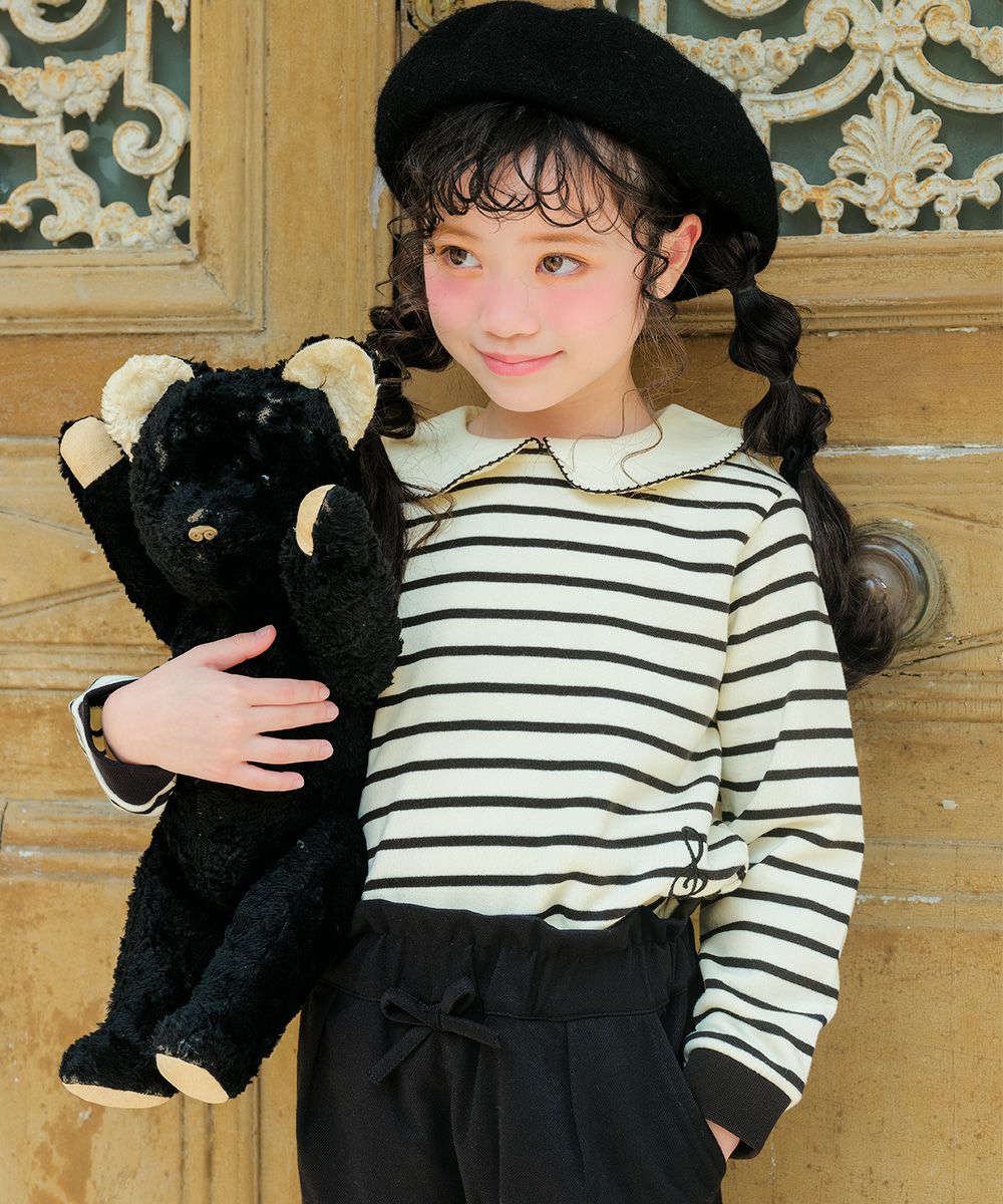 子供服 女の子 音符刺繍 襟付き ボーダー柄 裏毛トレーナー ホワイト×ブラック(10) モデル画像1
