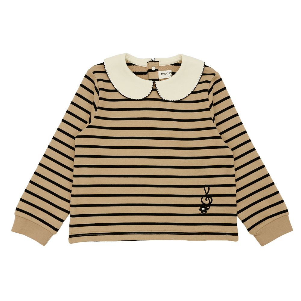 子供服 女の子 音符刺繍 襟付き ボーダー柄 裏毛トレーナー ベージュ(51) 正面