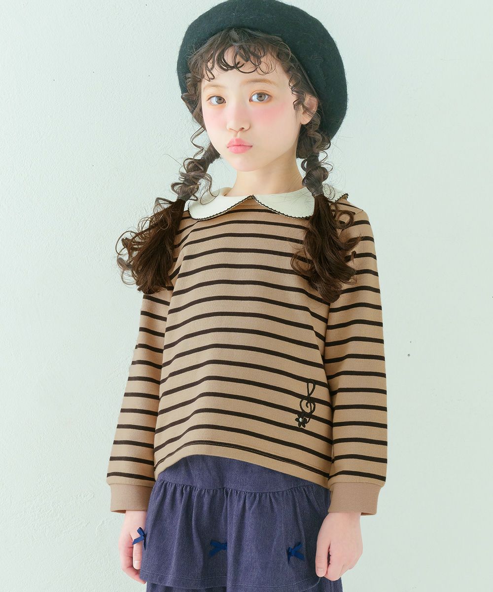 子供服 女の子 音符刺繍 襟付き ボーダー柄 裏毛トレーナー ベージュ(51) モデル画像アップ